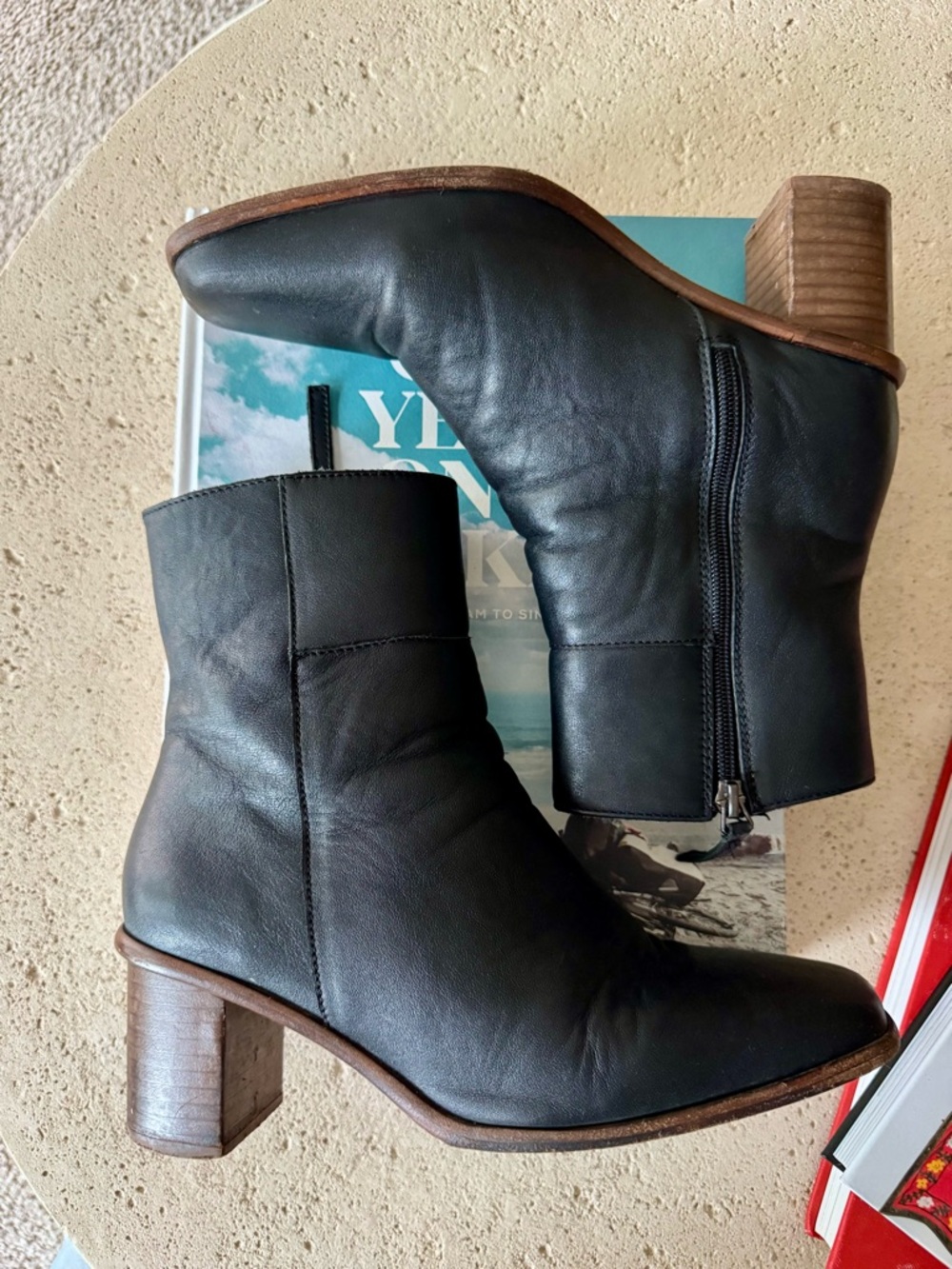 Patina by Portland Leather Black Leather Ankle Boots with Block Heel